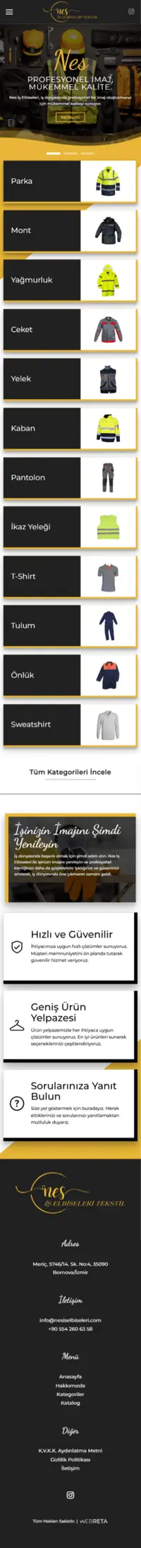 Nes İş Elbiseleri web sitesi mobil görünümü