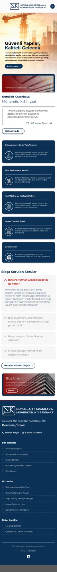 Kazankaya Mühendislik web sitesi mobil görünümü