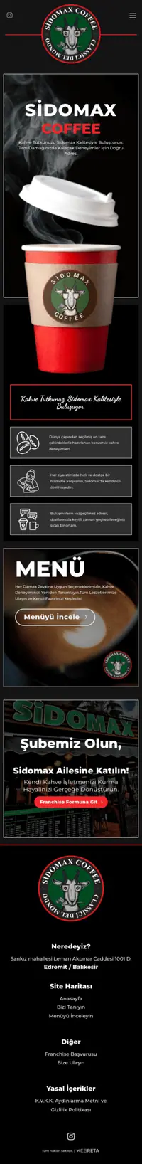 Sidomax Coffee web sitesi mobil görünümü