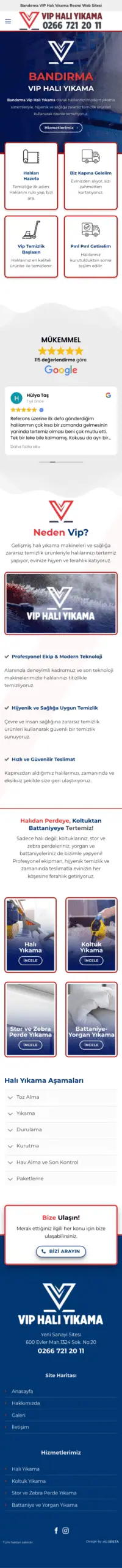 Vip Halı Yıkama web sitesi mobil görünümü