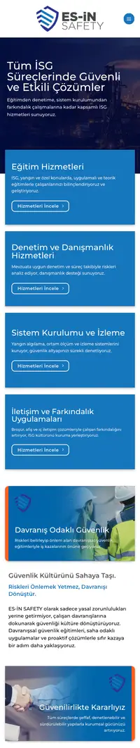 Esin Safety web sitesi mobil görünümü