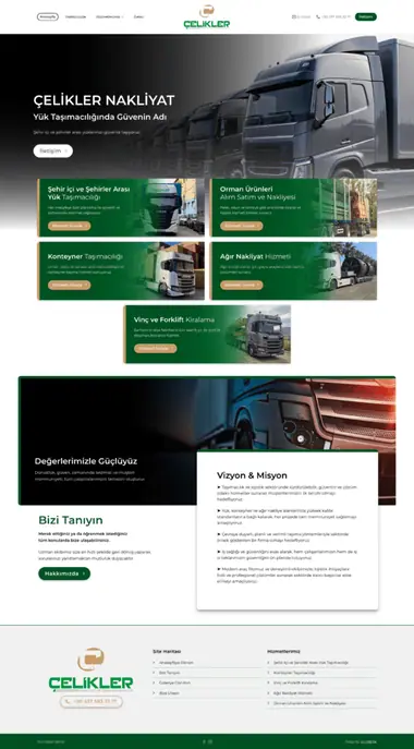 Çelikler Nakliyat web sitesi masaüstü görünümü