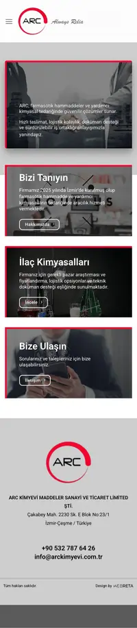 ARC Kimya web sitesi mobil görünümü