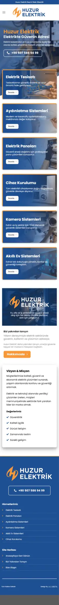Huzur Elektrik web sitesi mobil görünümü