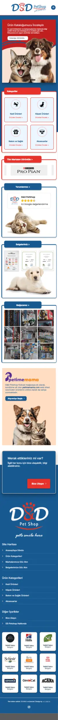 D&D Petshop web sitesi mobil görünümü