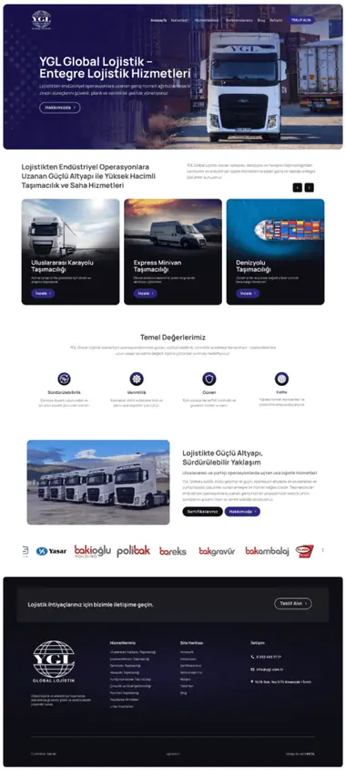 YGL Lojistik web sitesi masaüstü görünümü