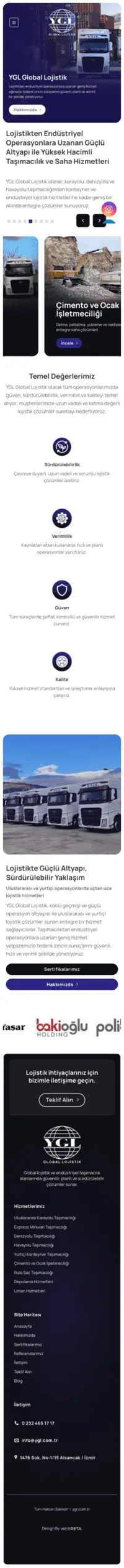 YGL Lojistik web sitesi mobil görünümü