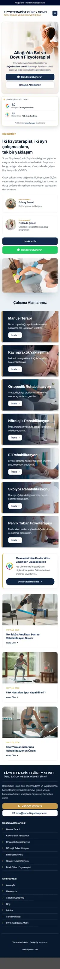 Sonel Fizyoterapi web sitesi mobil görünümü